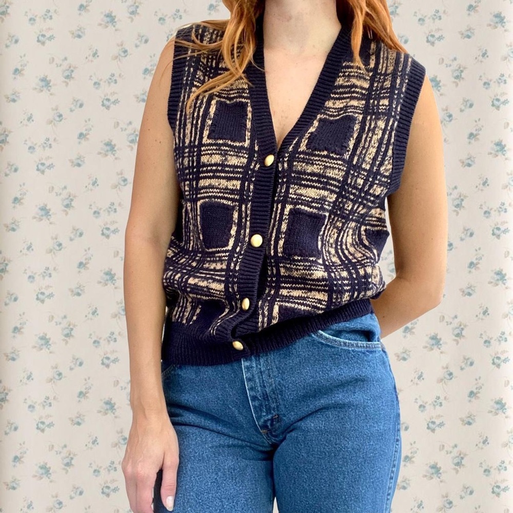 Vintage Hand Knit Plaid Sweater Vest Cardigan
